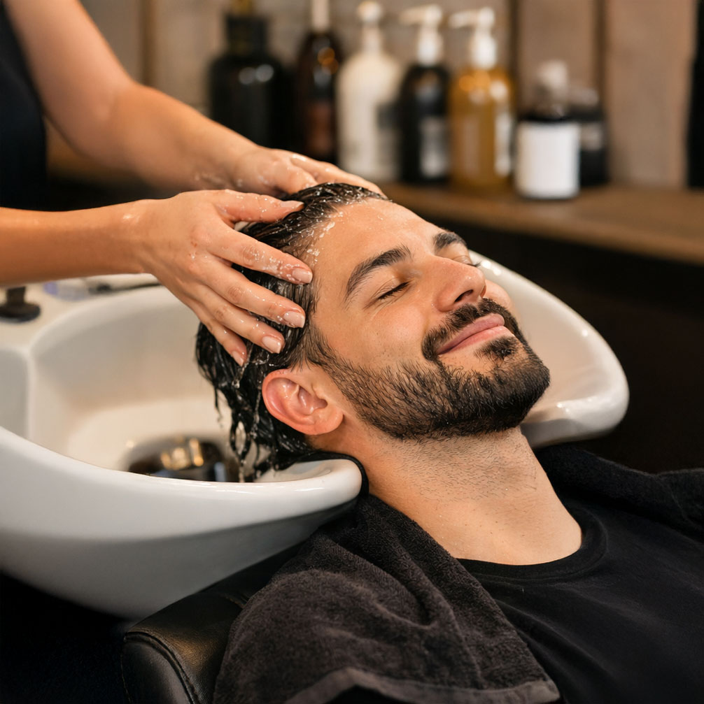 Entspannungsmoment mit Kopfmassage im Friseursalon